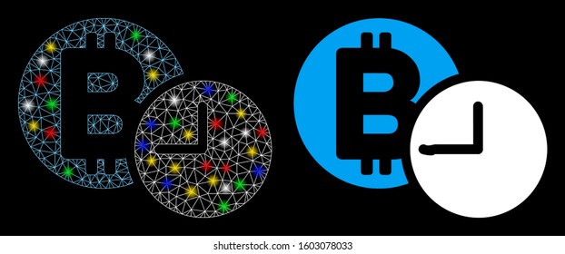 Glowing mesh Bitcoin credit clock icon with glitter effect. Abstract illuminated model of Bitcoin credit clock. Shiny wire frame triangular mesh Bitcoin credit clock icon.