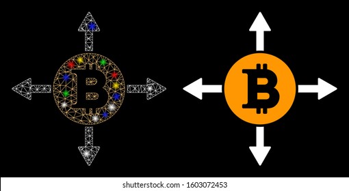 Glowing mesh Bitcoin directions icon with glow effect. Abstract illuminated model of Bitcoin directions. Shiny wire carcass triangular mesh Bitcoin directions icon.