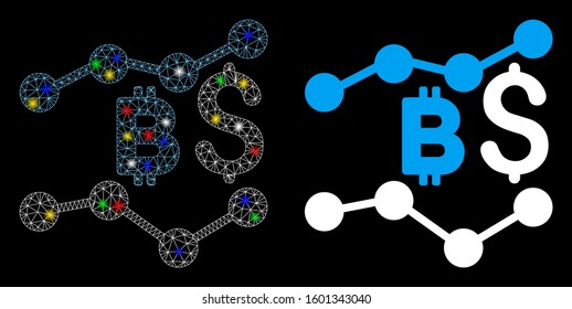 Glowing mesh Bitcoin and dollar trends icon with glare effect. Abstract illuminated model of Bitcoin and dollar trends. Shiny wire frame triangular mesh Bitcoin and dollar trends icon.