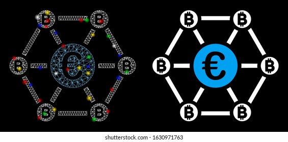 Glowing mesh Bitcoin Euro net structure icon with glare effect. Abstract illuminated model of Bitcoin Euro net structure. Shiny wire carcass polygonal network Bitcoin Euro net structure icon.