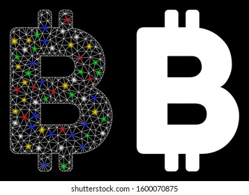 Glowing mesh Bitcoin icon with glitter effect. Abstract illuminated model of Bitcoin. Shiny wire carcass triangular mesh Bitcoin icon. Vector abstraction on a black background.
