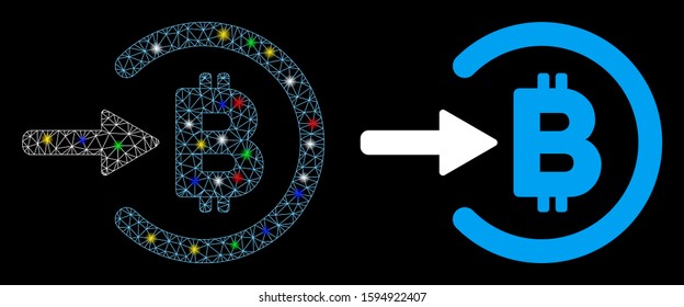 Glowing mesh Bitcoin income icon with glitter effect. Abstract illuminated model of Bitcoin income. Shiny wire frame polygonal mesh Bitcoin income icon. Vector abstraction on a black background.