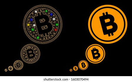 Glowing mesh Bitcoin inflation icon with glow effect. Abstract illuminated model of Bitcoin inflation. Shiny wire frame polygonal mesh Bitcoin inflation icon. Vector abstraction on a black background.
