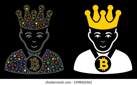 Glowing mesh Bitcoin king icon with lightspot effect. Abstract illuminated model of Bitcoin king. Shiny wire carcass triangular network Bitcoin king icon. Vector abstraction on a black background.