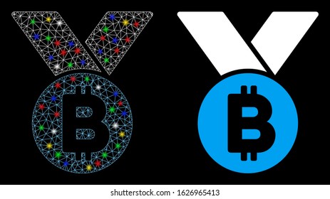 Glowing mesh Bitcoin medal icon with glow effect. Abstract illuminated model of Bitcoin medal. Shiny wire carcass polygonal mesh Bitcoin medal icon. Vector abstraction on a black background.