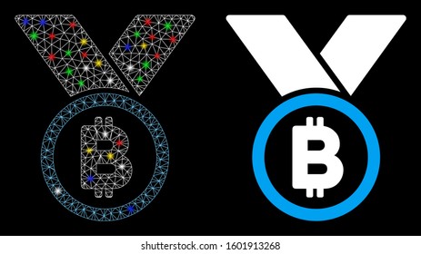 Glowing mesh Bitcoin medal with ribbons icon with lightspot effect. Abstract illuminated model of Bitcoin medal with ribbons. Shiny wire carcass polygonal mesh Bitcoin medal with ribbons icon.