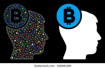 Glowing mesh Bitcoin mind head icon with glare effect. Abstract illuminated model of Bitcoin mind head. Shiny wire carcass polygonal mesh Bitcoin mind head icon.