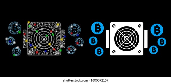 Glowing mesh Bitcoin mining ASIC device icon with sparkle effect. Abstract illuminated model of Bitcoin mining ASIC device. Shiny wire carcass polygonal mesh Bitcoin mining ASIC device icon.