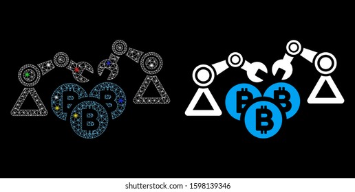 Glowing mesh Bitcoin mining robotics icon with glare effect. Abstract illuminated model of Bitcoin mining robotics. Shiny wire carcass triangular network Bitcoin mining robotics icon.