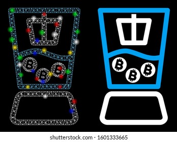 Glowing mesh Bitcoin mixer icon with sparkle effect. Abstract illuminated model of Bitcoin mixer. Shiny wire carcass polygonal mesh Bitcoin mixer icon. Vector abstraction on a black background.
