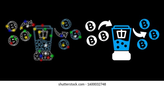 Glowing mesh Bitcoin mixing service icon with glare effect. Abstract illuminated model of Bitcoin mixing service. Shiny wire frame triangular mesh Bitcoin mixing service icon.