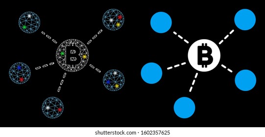 Glowing mesh Bitcoin net structure icon with sparkle effect. Abstract illuminated model of Bitcoin net structure. Shiny wire carcass polygonal mesh Bitcoin net structure icon.