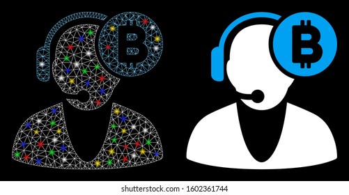 Glowing mesh Bitcoin operator icon with glare effect. Abstract illuminated model of Bitcoin operator. Shiny wire frame polygonal mesh Bitcoin operator icon. Vector abstraction on a black background.