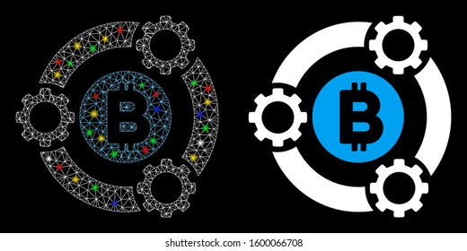 Glowing mesh Bitcoin pool collaboration icon with glow effect. Abstract illuminated model of Bitcoin pool collaboration. Shiny wire carcass polygonal mesh Bitcoin pool collaboration icon.