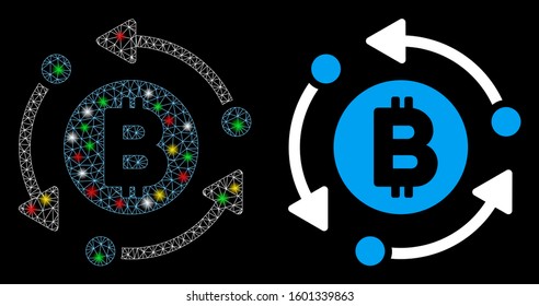 Glowing mesh Bitcoin rotation arrows icon with glare effect. Abstract illuminated model of Bitcoin rotation arrows. Shiny wire frame triangular mesh Bitcoin rotation arrows icon.