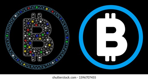 Glowing mesh Bitcoin rounded icon with glow effect. Abstract illuminated model of Bitcoin rounded. Shiny wire frame triangular mesh Bitcoin rounded icon. Vector abstraction on a black background.