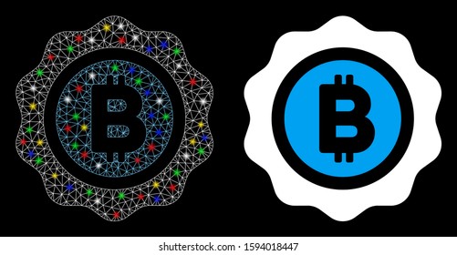 Glowing mesh Bitcoin seal icon with glitter effect. Abstract illuminated model of Bitcoin seal. Shiny wire carcass triangular mesh Bitcoin seal icon. Vector abstraction on a black background.