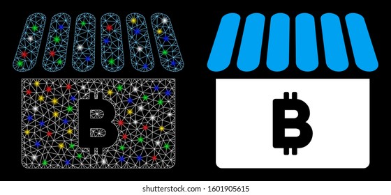 Glowing mesh Bitcoin shop icon with glare effect. Abstract illuminated model of Bitcoin shop. Shiny wire carcass triangular mesh Bitcoin shop icon. Vector abstraction on a black background.