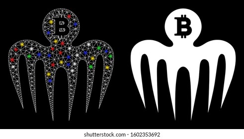 Glowing mesh Bitcoin spectre monster icon with glow effect. Abstract illuminated model of Bitcoin spectre monster. Shiny wire carcass polygonal network Bitcoin spectre monster icon.