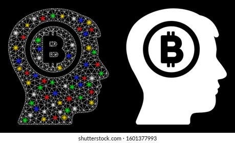 Glowing mesh Bitcoin thinking head icon with glow effect. Abstract illuminated model of Bitcoin thinking head. Shiny wire frame polygonal mesh Bitcoin thinking head icon.
