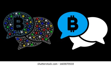 Glowing mesh Bitcoin webinar messages icon with glare effect. Abstract illuminated model of Bitcoin webinar messages. Shiny wire carcass polygonal mesh Bitcoin webinar messages icon.