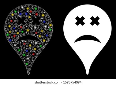 Glowing mesh blind smiley map marker icon with glow effect. Abstract illuminated model of blind smiley map marker. Shiny wire carcass polygonal mesh blind smiley map marker icon.