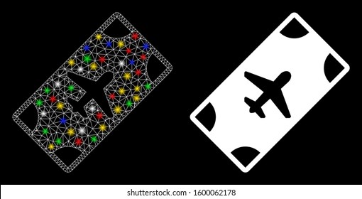 Glowing mesh boarding pass icon with glare effect. Abstract illuminated model of boarding pass. Shiny wire frame polygonal mesh boarding pass icon. Vector abstraction on a black background.