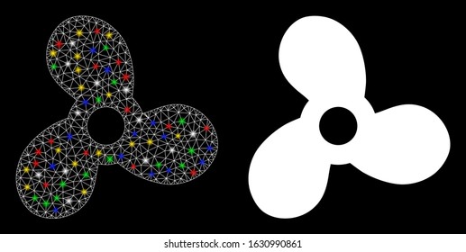 Glowing mesh boat propeller icon with sparkle effect. Abstract illuminated model of boat propeller. Shiny wire carcass polygonal mesh boat propeller icon. Vector abstraction on a black background.