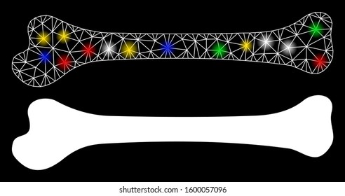 Glowing mesh bone icon with glow effect. Abstract illuminated model of bone. Shiny wire carcass triangular network bone icon. Vector abstraction on a black background.