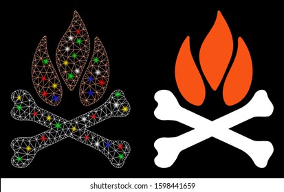 Glowing mesh bones campfire icon with glitter effect. Abstract illuminated model of bones campfire. Shiny wire carcass polygonal network bones campfire icon. Vector abstraction on a black background.