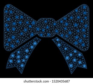 Glowing mesh bow tie with glow effect. Abstract illuminated model of bow tie icon. Shiny wire frame triangular mesh bow tie. Vector abstraction on a black background.