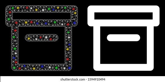 Glowing mesh box icon with glitter effect. Abstract illuminated model of box. Shiny wire frame triangular mesh box icon. Vector abstraction on a black background.