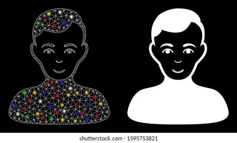 Glowing mesh boy icon with glitter effect. Abstract illuminated model of boy. Shiny wire frame triangular mesh boy icon. Vector abstraction on a black background.
