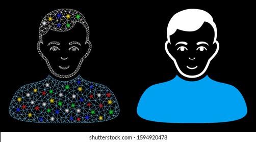 Glowing mesh boy icon with sparkle effect. Abstract illuminated model of boy. Shiny wire carcass polygonal network boy icon. Vector abstraction on a black background.