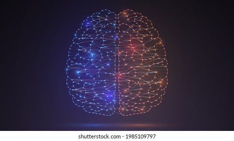 Glowing mesh brain with blue and red hemispheres