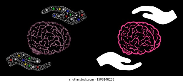 Glowing mesh brain care hands icon with glare effect. Abstract illuminated model of brain care hands. Shiny wire carcass polygonal mesh brain care hands icon. Vector abstraction on a black background.
