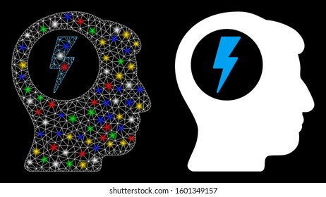 Glowing mesh brain electric shock icon with glow effect. Abstract illuminated model of brain electric shock. Shiny wire frame polygonal mesh brain electric shock icon.