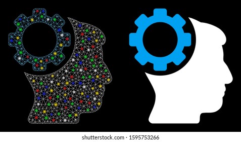 Glowing mesh brain gear icon with glare effect. Abstract illuminated model of brain gear. Shiny wire frame polygonal mesh brain gear icon. Vector abstraction on a black background.
