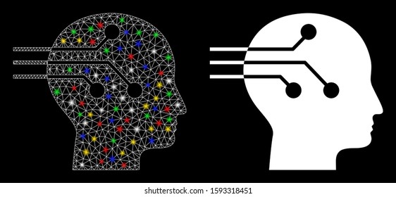 Glowing mesh brain interface icon with glare effect. Abstract illuminated model of brain interface. Shiny wire carcass triangular network brain interface icon.