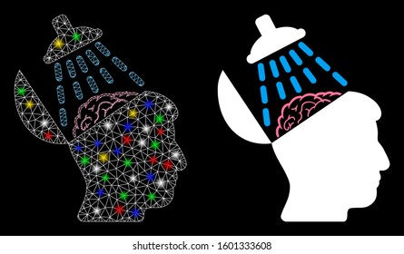 Glowing mesh brain washing icon with glow effect. Abstract illuminated model of brain washing. Shiny wire frame triangular network brain washing icon. Vector abstraction on a black background.
