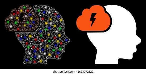 Glowing mesh brainstorm icon with glare effect. Abstract illuminated model of brainstorm. Shiny wire frame polygonal network brainstorm icon. Vector abstraction on a black background.