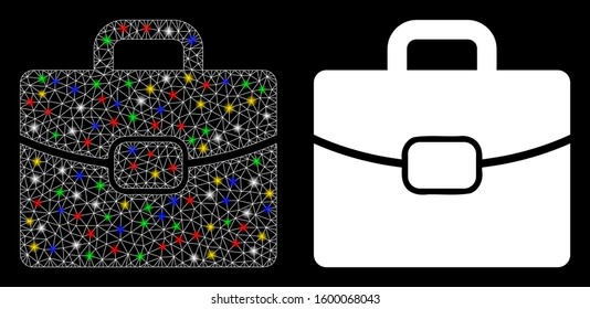 Glowing mesh briefcase icon with sparkle effect. Abstract illuminated model of briefcase. Shiny wire carcass polygonal mesh briefcase icon. Vector abstraction on a black background.