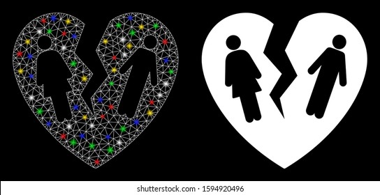 Glowing mesh broken family heart icon with sparkle effect. Abstract illuminated model of broken family heart. Shiny wire carcass triangular mesh broken family heart icon.