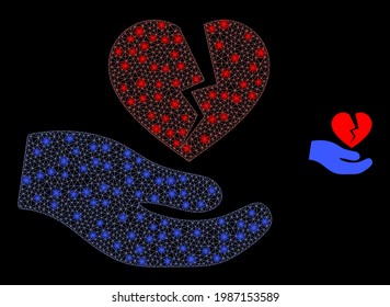 El corazón roto de malla brillante ofrece la mano con manchas brillantes. Carcasa vectorial basada en el icono de la mano de la oferta de corazón roto. La malla de la canal iluminada con el corazón roto ofrece la mano sobre un fondo negro.