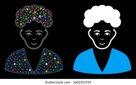 Glowing mesh brunette boy icon with glitter effect. Abstract illuminated model of brunette boy. Shiny wire frame polygonal mesh brunette boy icon. Vector abstraction on a black background.