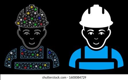 Glowing mesh builder icon with sparkle effect. Abstract illuminated model of builder. Shiny wire carcass triangular mesh builder icon. Vector abstraction on a black background.