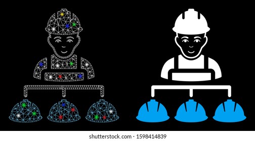 Glowing mesh builder management icon with glare effect. Abstract illuminated model of builder management. Shiny wire carcass triangular mesh builder management icon.