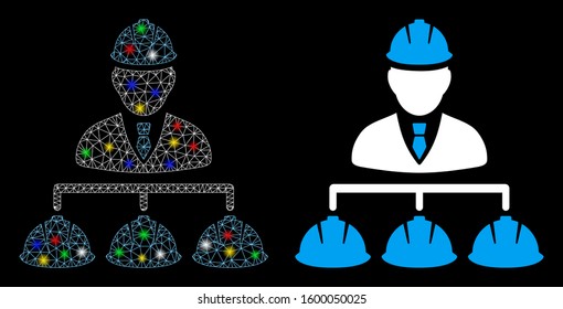 Glowing mesh builder management icon with lightspot effect. Abstract illuminated model of builder management. Shiny wire frame polygonal mesh builder management icon.