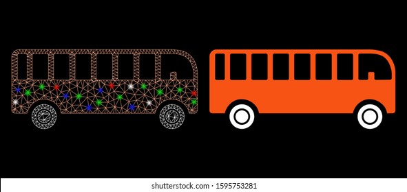 Glowing mesh bus icon with glitter effect. Abstract illuminated model of bus. Shiny wire frame polygonal mesh bus icon. Vector abstraction on a black background.
