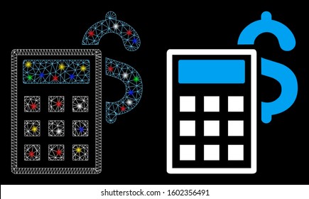 Glowing mesh business calculator icon with glare effect. Abstract illuminated model of business calculator. Shiny wire frame triangular network business calculator icon.